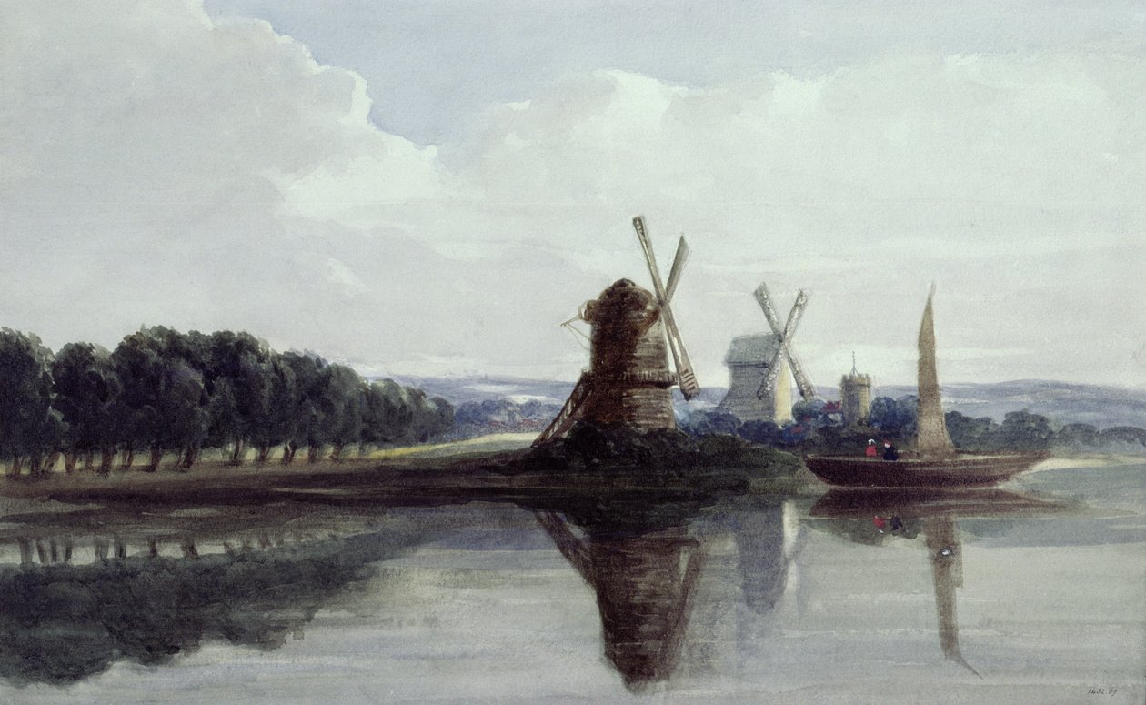 Moinhos de vento por um rio, século XIX (aquarela) de John Smeaton Chase