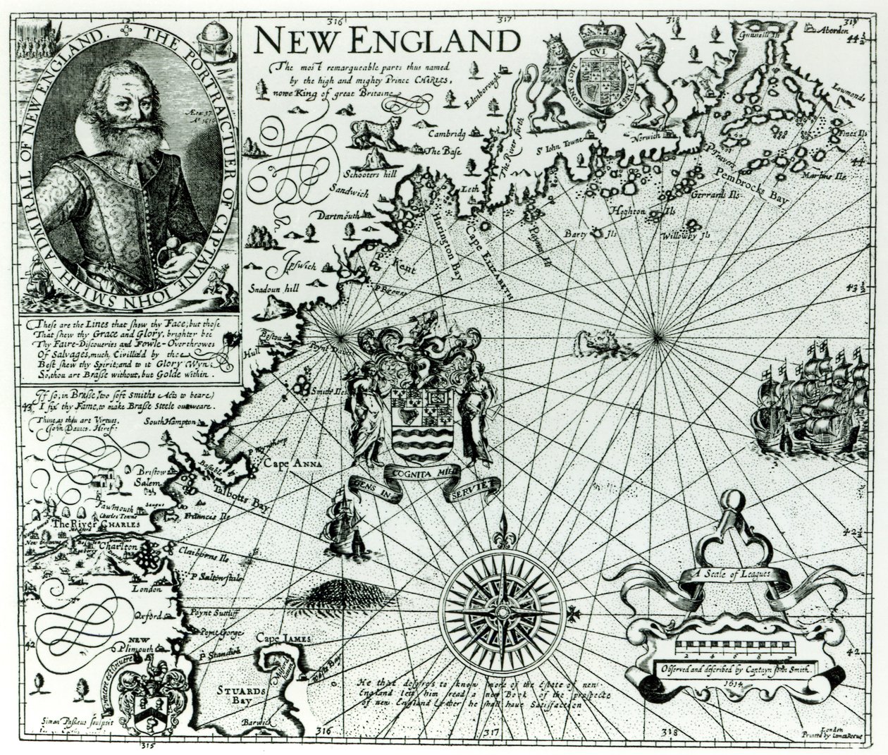 Mapa do litoral da Nova Inglaterra em 1614, gravado por Simon de Passe (1595-1647) 1616 de John Smith 2