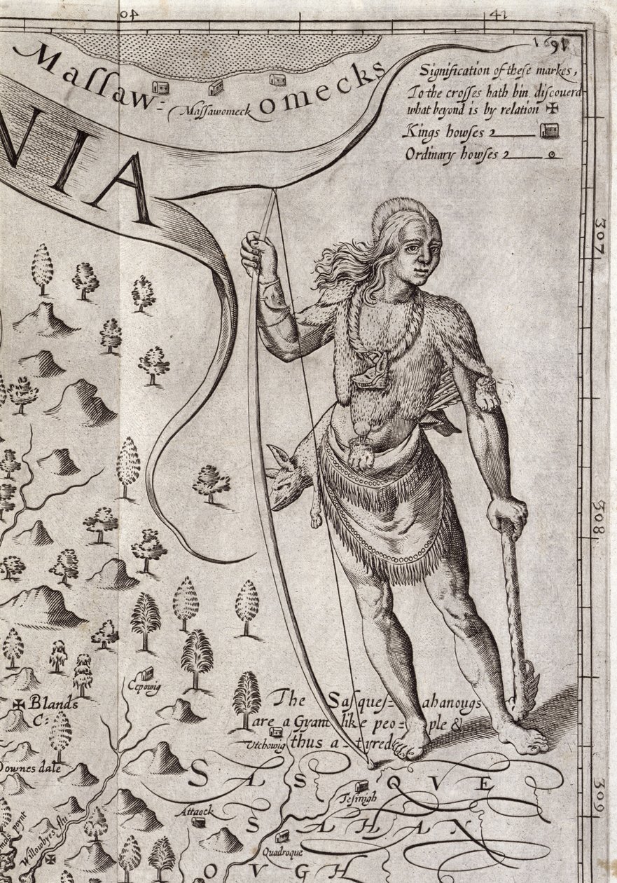 Guerreiro Susquehannock, detalhe do mapa da Virgínia, gravado por William Hole (fl. 1607-24), publicado em 1612 (ver 174211) de John Smith 2