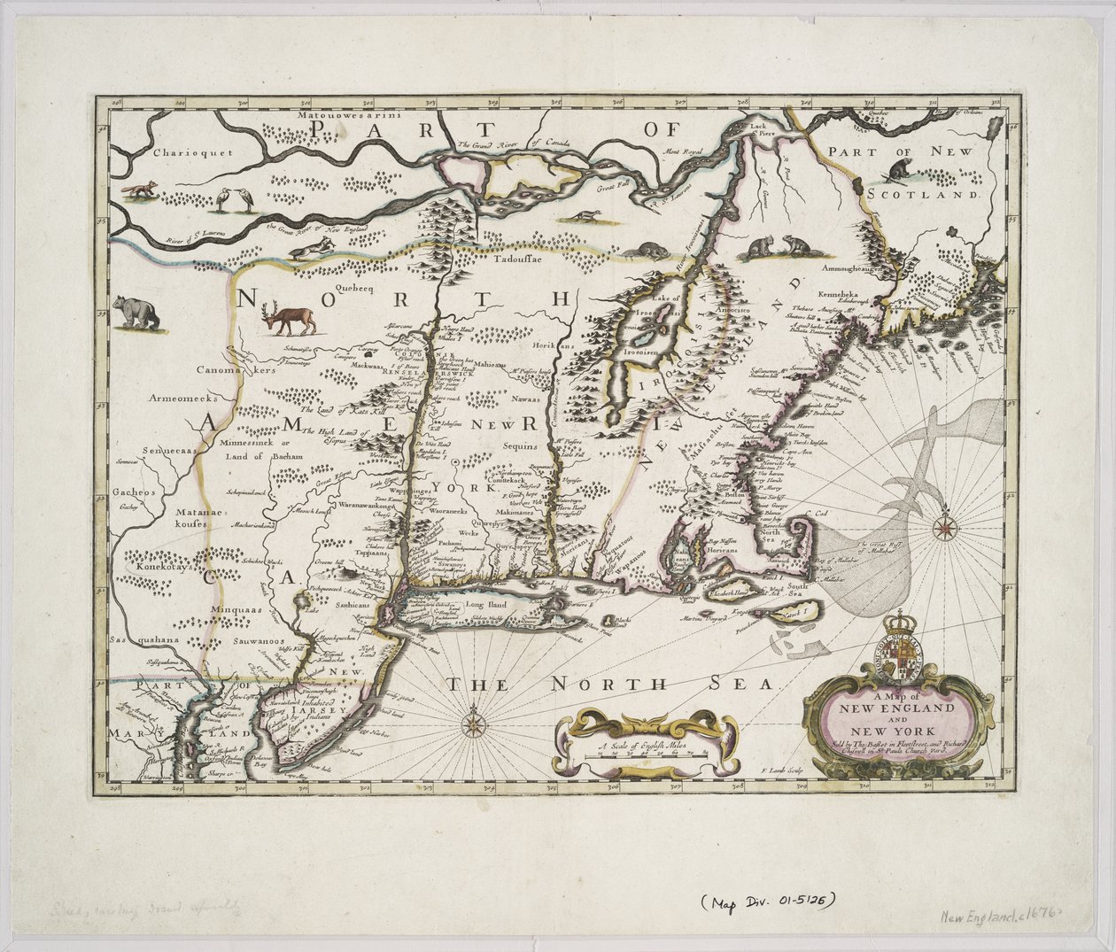 Um mapa da Nova Inglaterra e Nova York, do Teatro do Império da Grã-Bretanha, de John Speed, 1676 (impressão colorida) de John Speed
