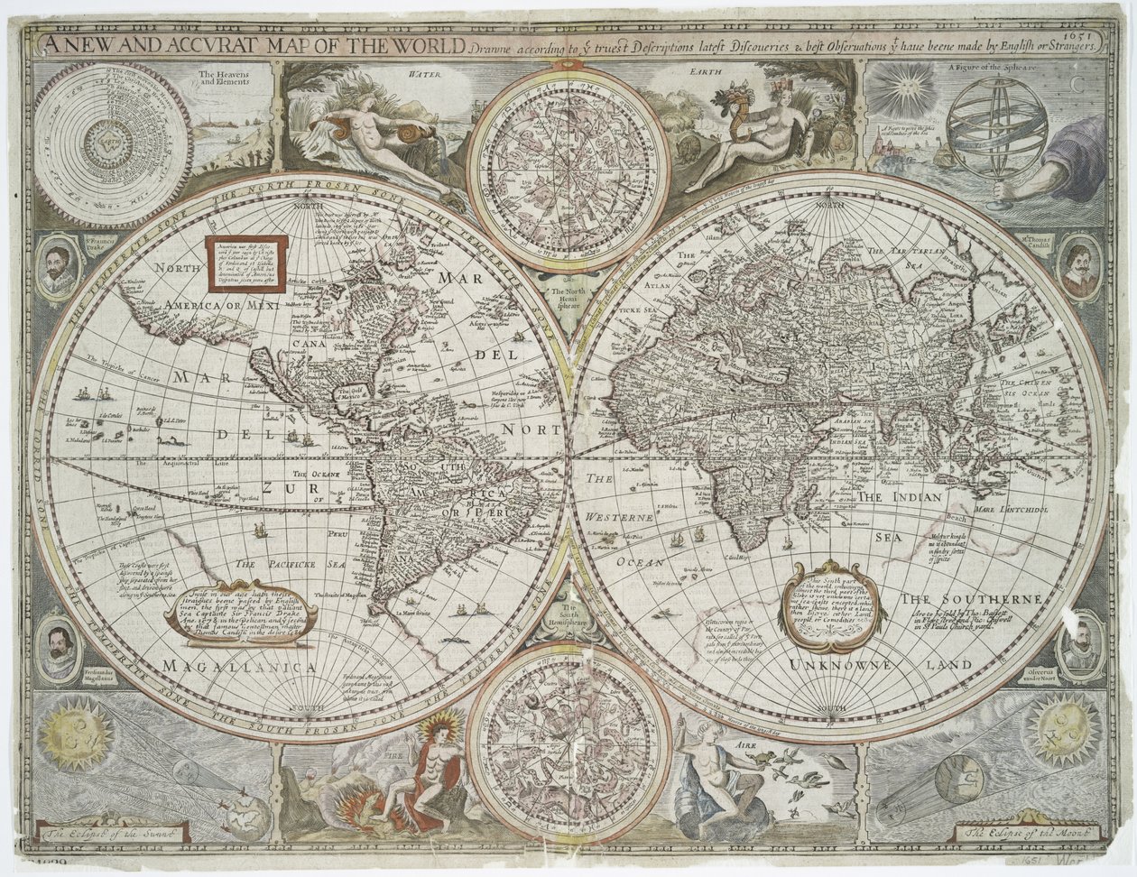 Um mapa novo e preciso do mundo, 1676 (impressão colorida à mão) de John Speed