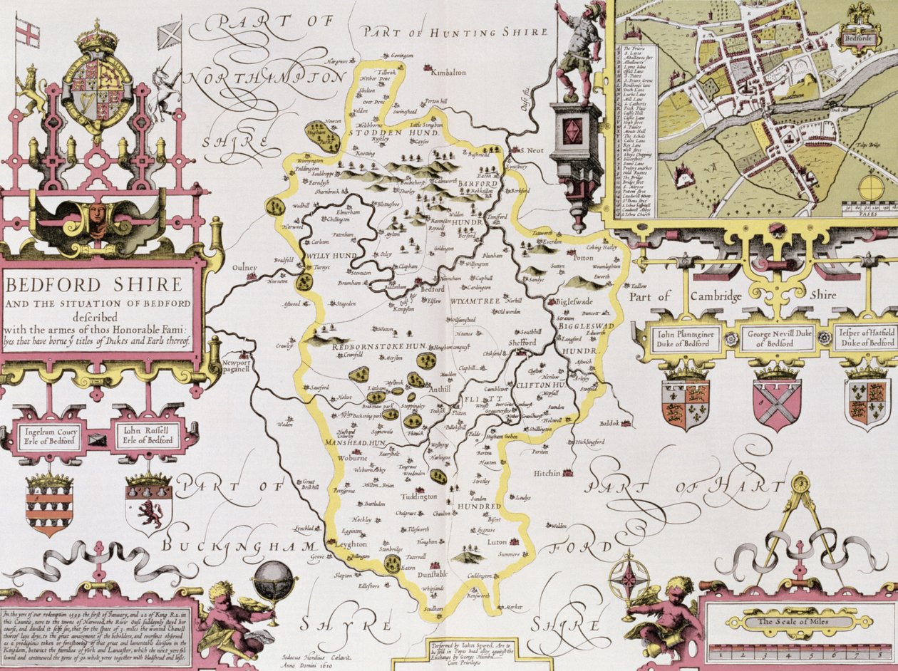 Bedfordshire e a situação de Bedford, gravada por Jodocus Hondius (1563-1612) do Teatro do Império da Grã-Bretanha, de John Speed, pub. por John Sudbury e George Humble, 1611-12 (col. de John Speed
