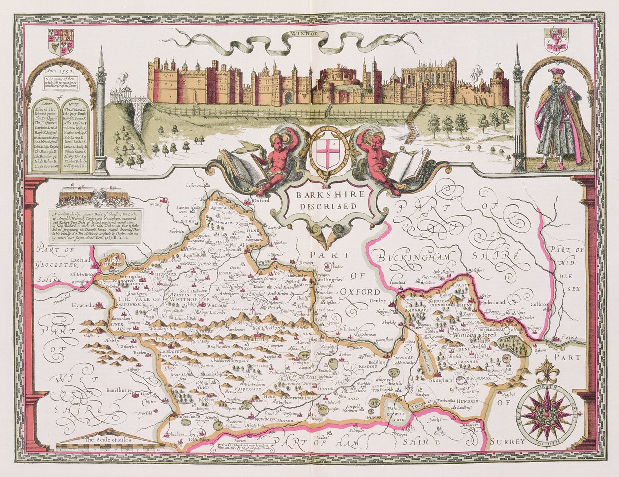 Berkshire, gravado por Jodocus Hondius (1563-1612) do teatro de John Speed do império de Grâ Bretanha, bar. por John Sudbury e George Humble, 1611-12 (gravura em cobre colorida à mão) de John Speed