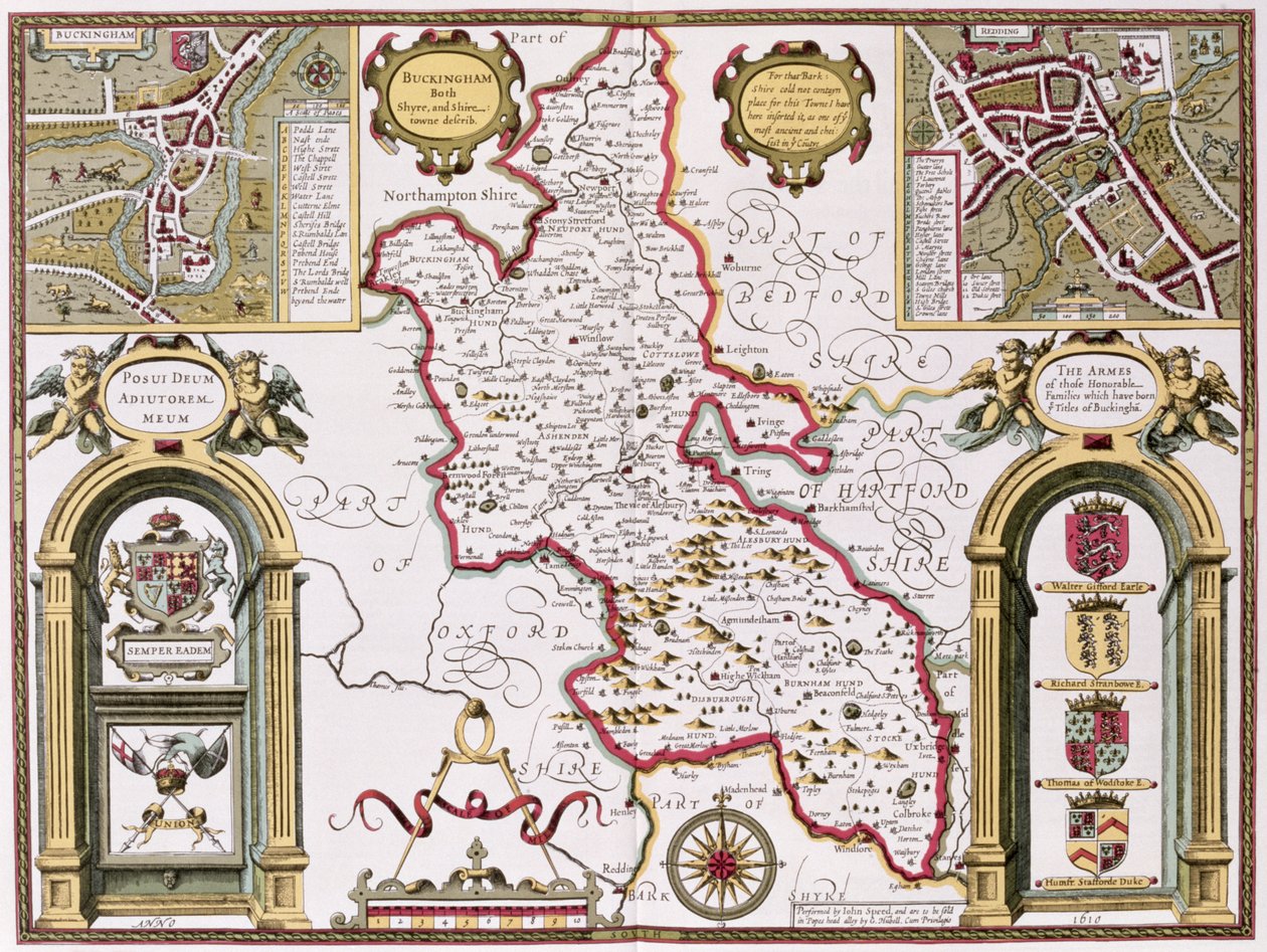 Buckinghamshire, gravado por Jodocus Hondius (1563-1612) de John Speed &39;Teatro do Império da Grã-Bretanha&39;, pub. por John Sudbury e George Humble, 1611-12 (gravura em cobre colorida à mão) de John Speed