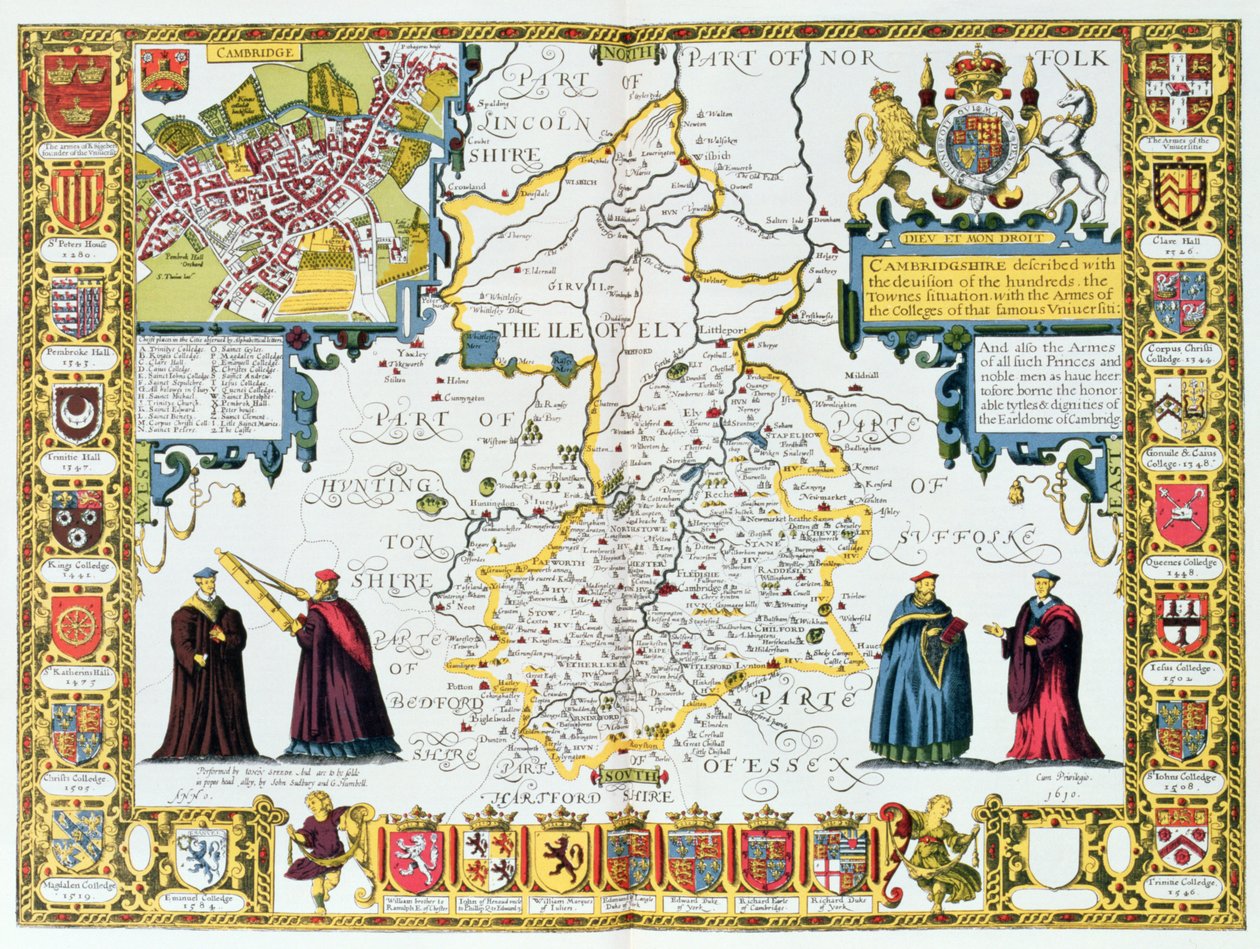 Cambridgeshire, gravado por Jodocus Hondius (1563-1612) de John Speed &39;Teatro do Império da Grã-Bretanha&39;, pub. por John Sudbury e George Humble, 1611-12 (gravura em cobre colorida à mão) de John Speed