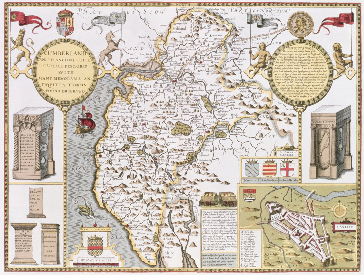 Cumberland e a cidade antiga de Carlile, gravada por Jodocus Hondius (1563-1612) do teatro do império de Grâ Bretanha de John Speed &39;, bar. por John Sudbury e George Humble, 1611-12 (mão co de John Speed