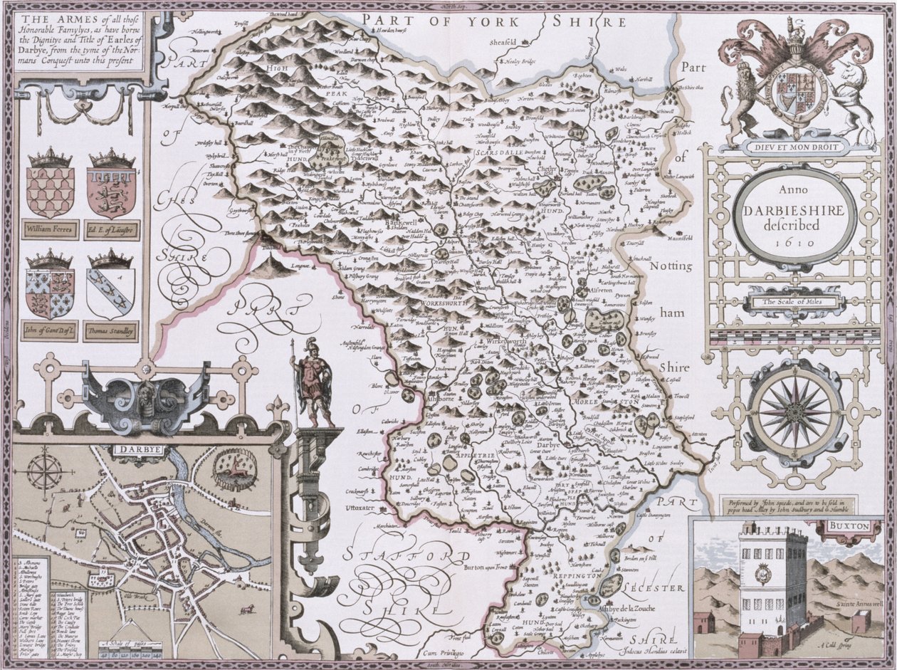Darbieshire, gravado por Jodocus Hondius (1563-1612) do teatro do Império de Grâ Bretanha de John Speed, bar. por John Sudbury e George Humble, 1611-12 (gravura em cobre colorida à mão) de John Speed
