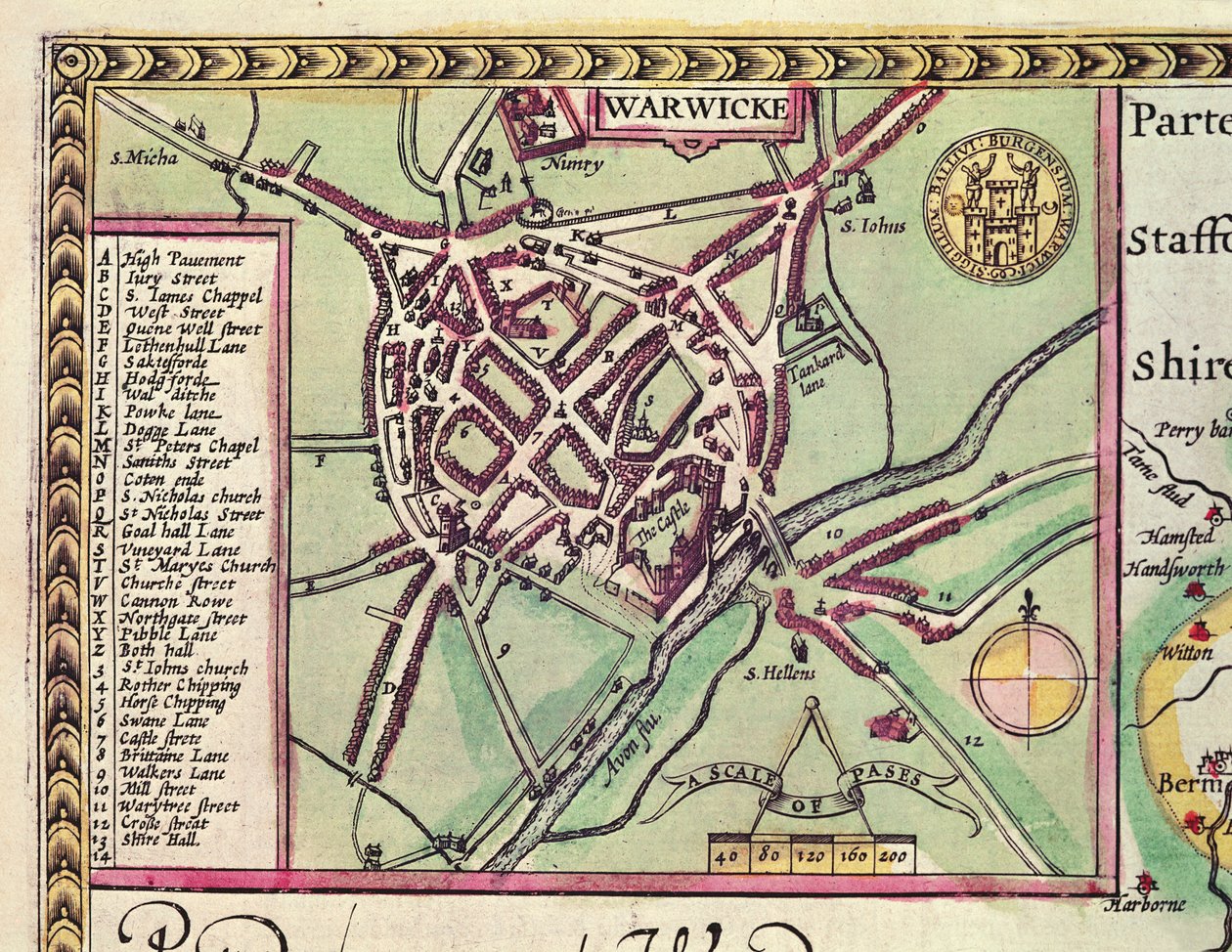 Detalhe de Warwick, do condado de Warwick, da cidade do condado e da cidade de Coventry, do teatro do império de Grâ Bretanha de John Speed, gravado por Jodocus Hondius (1567-1611), bar. por John Su de John Speed