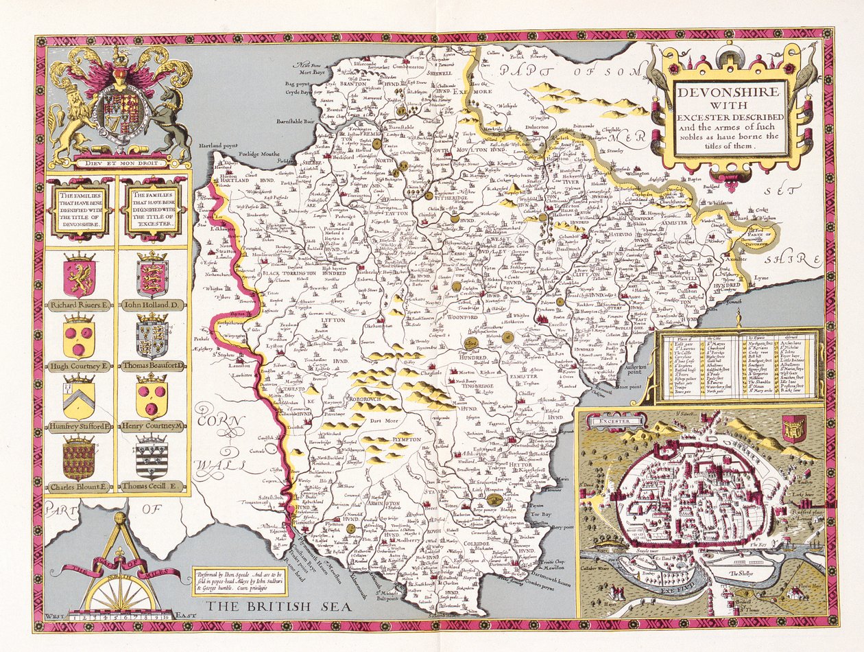 Devonshire, gravado por Jodocus Hondius (1563-1612) do teatro da velocidade de John do império de Grâ Bretanha, bar. por John Sudbury e George Humble, 1611-12 (gravura em cobre colorida à mão) de John Speed