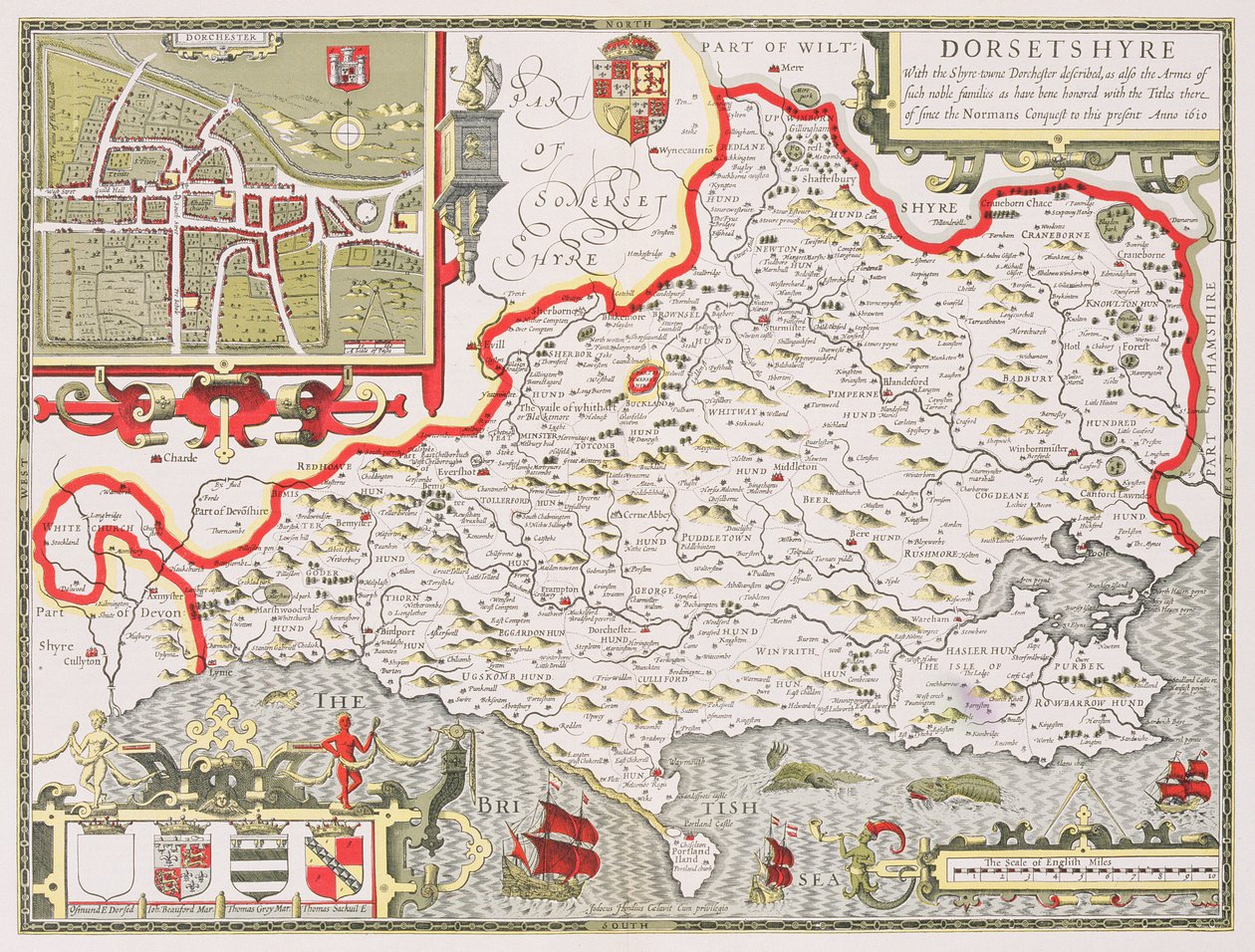 Dorsetshire, gravado por Jodocus Hondius (1563-1612) do teatro da velocidade de John do império de Grâ Bretanha, bar. por John Sudbury e George Humble, 1611-12 (gravura em cobre colorida à mão) de John Speed