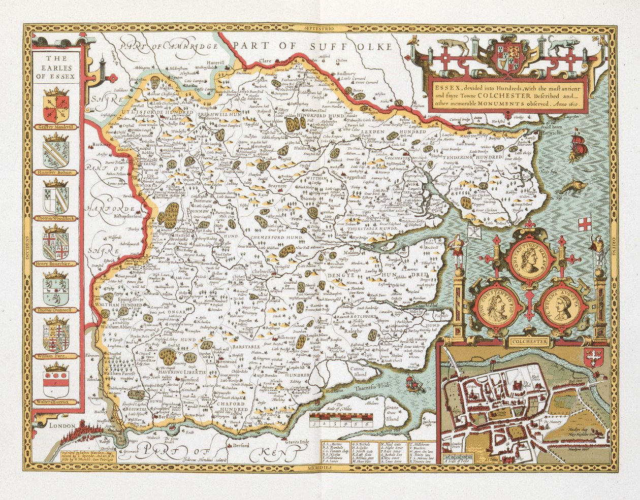 Essex, gravado por Jodocus Hondius (1563-1612) do teatro da velocidade de John do império de Grâ Bretanha, bar. por John Sudbury e George Humble, 1611-12 (gravura em cobre colorida à mão) de John Speed