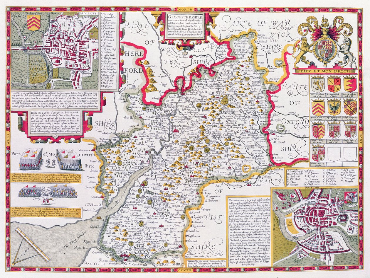 Gloucestershire, gravado por Jodocus Hondius (1563-1612) do teatro do Império de Grâ Bretanha de John Speed &39;, bar. por John Sudbury e George Humble, 1611-12 (gravura em cobre colorida à mão) de John Speed