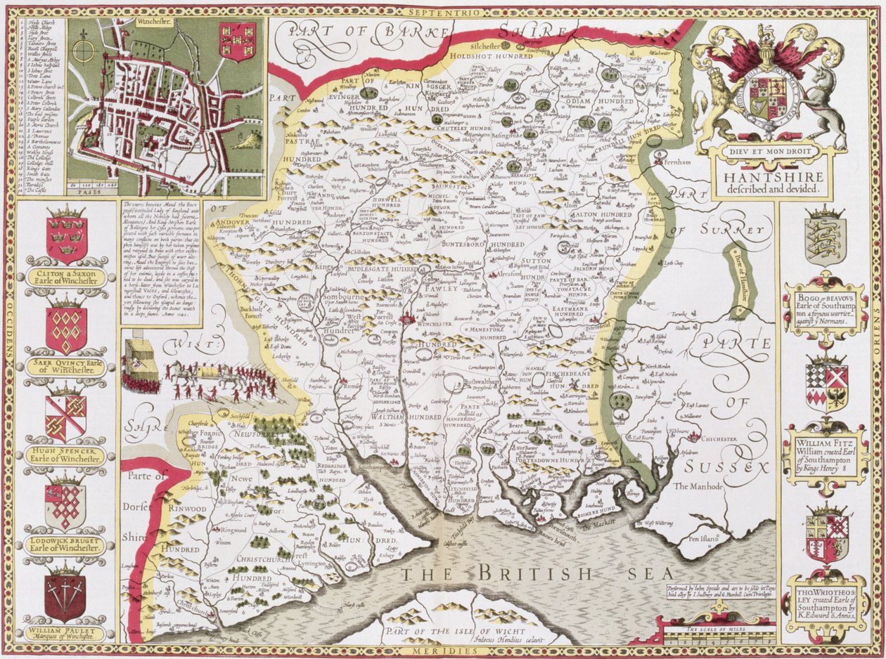 Hantshire, gravado por Jodocus Hondius (1563-1612) de John Speed &39;Teatro do Império da Grã-Bretanha&39;, pub. por John Sudbury e George Humble, 1611-12 (gravura em cobre colorida à mão) de John Speed