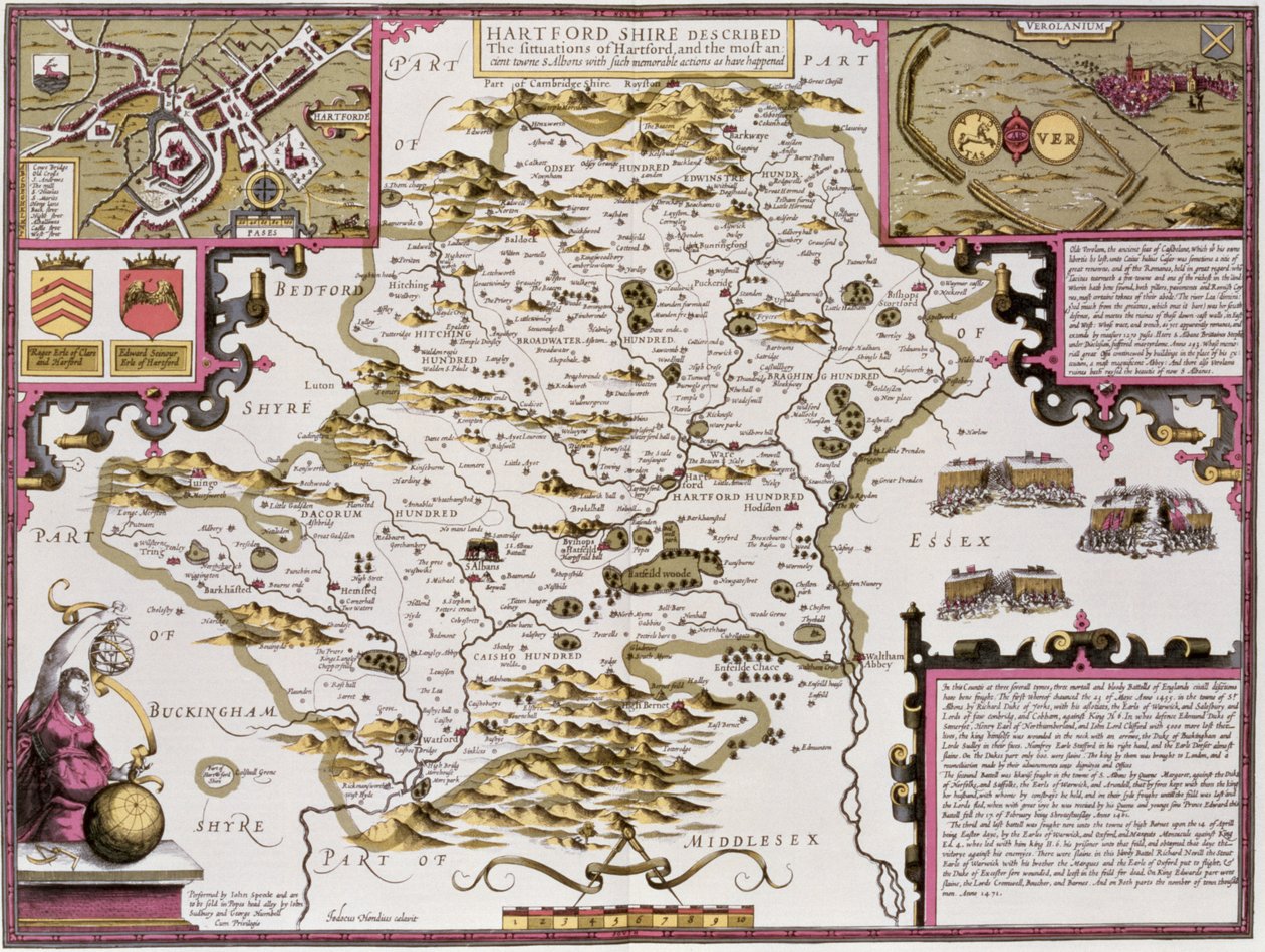 Hartfordshire e a situação de Hartford, gravada por Jodocus Hondius (1563-1612) do Teatro do Império da Grã-Bretanha, de John Speed, pub. por John Sudbury e George Humble, 1611-12 (mão c de John Speed