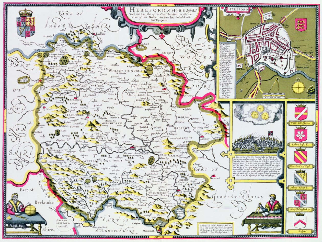 Herefordshire, gravado por Jodocus Hondius (1563-1612) de John Speed &39;Teatro do Império da Grã-Bretanha&39;, pub. por John Sudbury e George Humble, 1611-12 (gravura em cobre colorida à mão) de John Speed