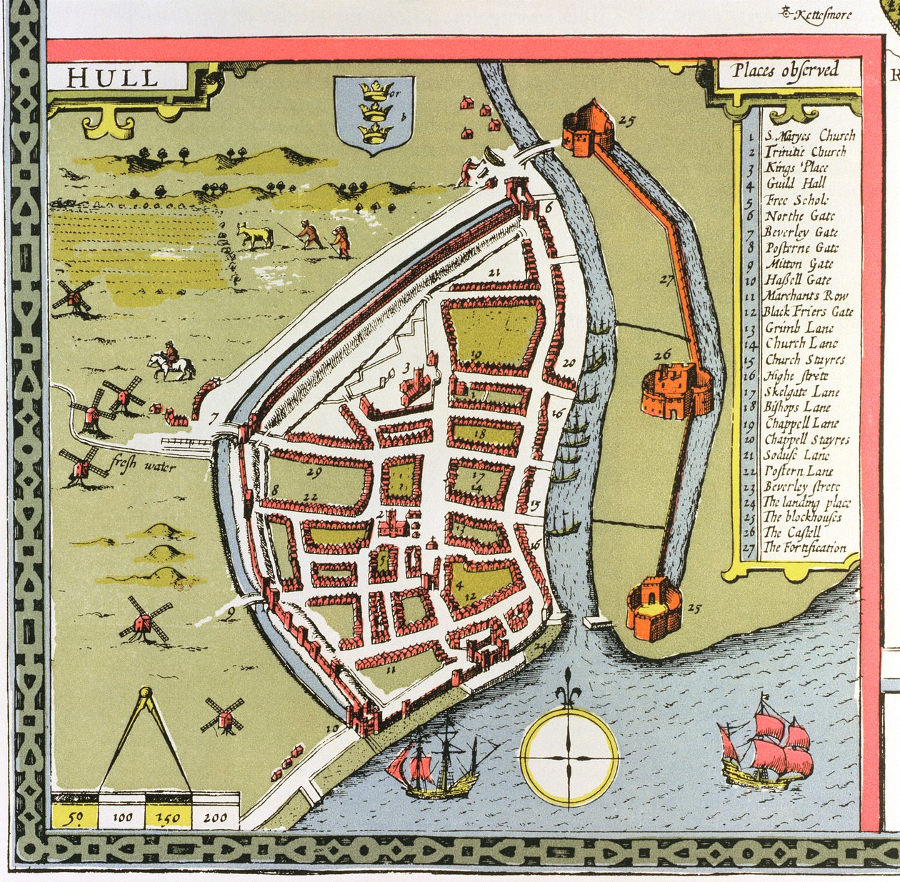 Casco, detalhe do mapa do norte e dos leste Ridings de Yorkshire, gravado por Jodocus Hondius (1563-1612) do teatro do império de Grâ Bretanha de John Speed &39;, bar. por John Sudbury e Georg de John Speed