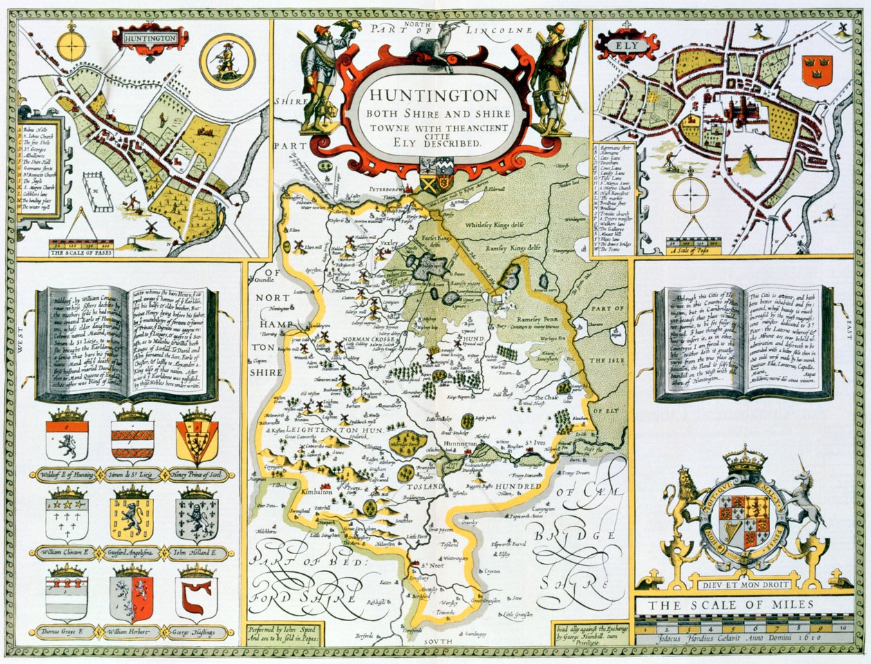 Huntington, gravado por Jodocus Hondius (1563-1612) do teatro do Império de Grâ Bretanha de John Speed &39;, bar. por John Sudbury e George Humble, 1611-12 (gravura em cobre colorida à mão) de John Speed