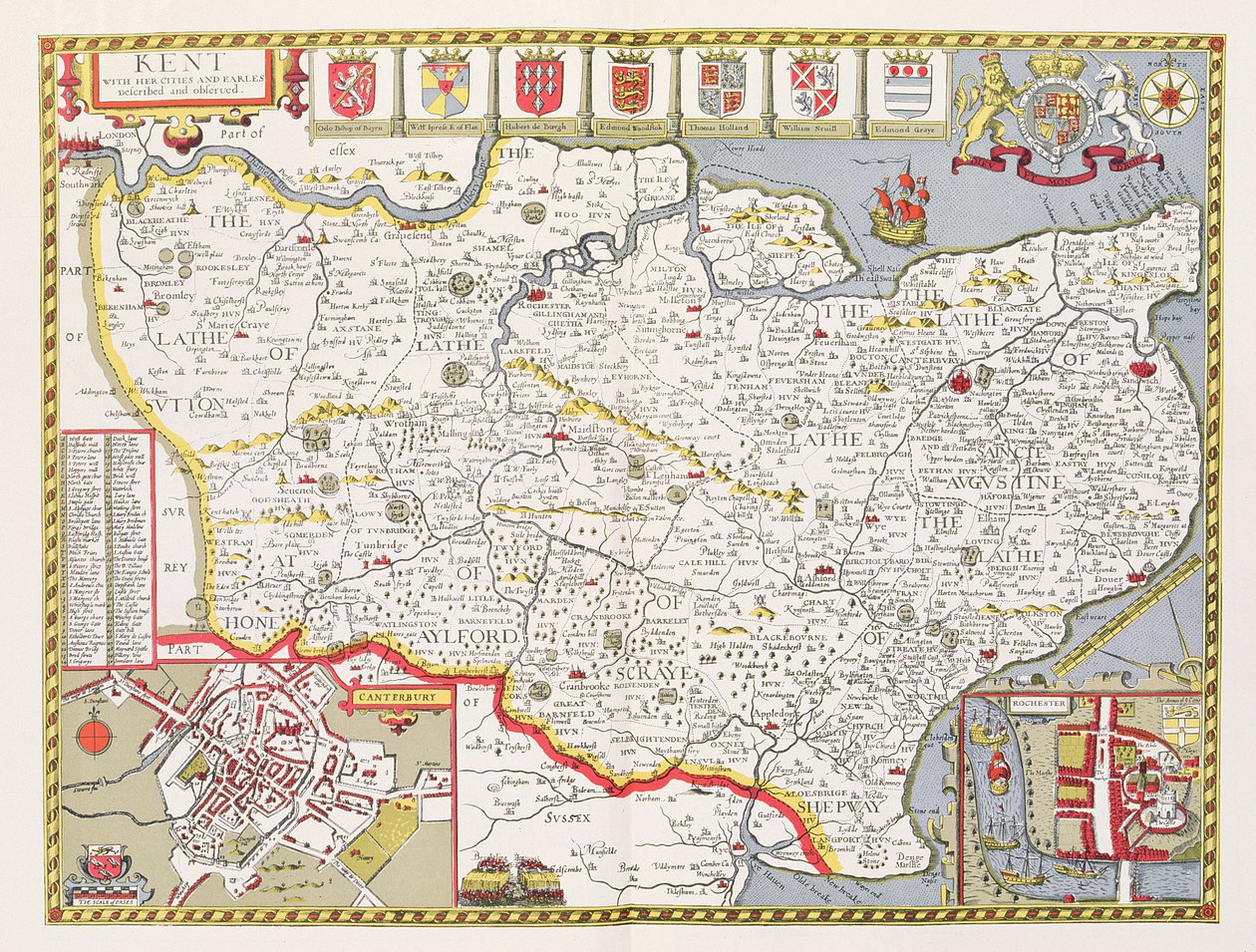 Kent, gravado por Jodocus Hondius (1563-1612) do teatro de John Speed do império de Grâ Bretanha, bar. por John Sudbury e George Humble, 1611-12 (gravura em cobre colorida à mão) de John Speed