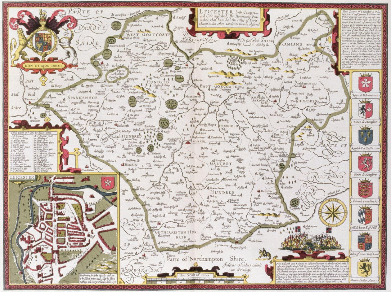 Leicester, gravado por Jodocus Hondius (1563-1612) de John Speed &39;Teatro do Império da Grã-Bretanha&39;, pub. por John Sudbury e George Humble, 1611-12 (gravura em cobre colorida à mão) de John Speed
