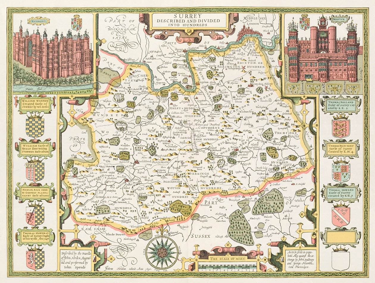 Mapa de Surrey, gravado por Jodocus Hondius (1563-1612) do teatro da velocidade de John do império de Grâ Bretanha, bar. por John Sudbury e George Humble, 1611-12 (gravura em cobre colorida à mão) de John Speed