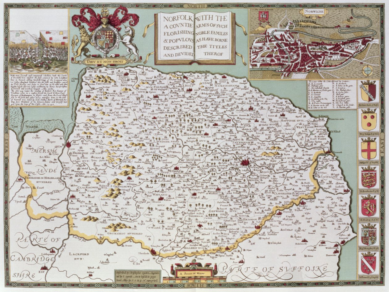 Norfolk, gravado por Jodocus Hondius (1563-1612) do teatro do Império de Grâ Bretanha de John Speed &39;, bar. por John Sudbury e George Humble, 1611-12 (gravura em cobre colorida à mão) de John Speed