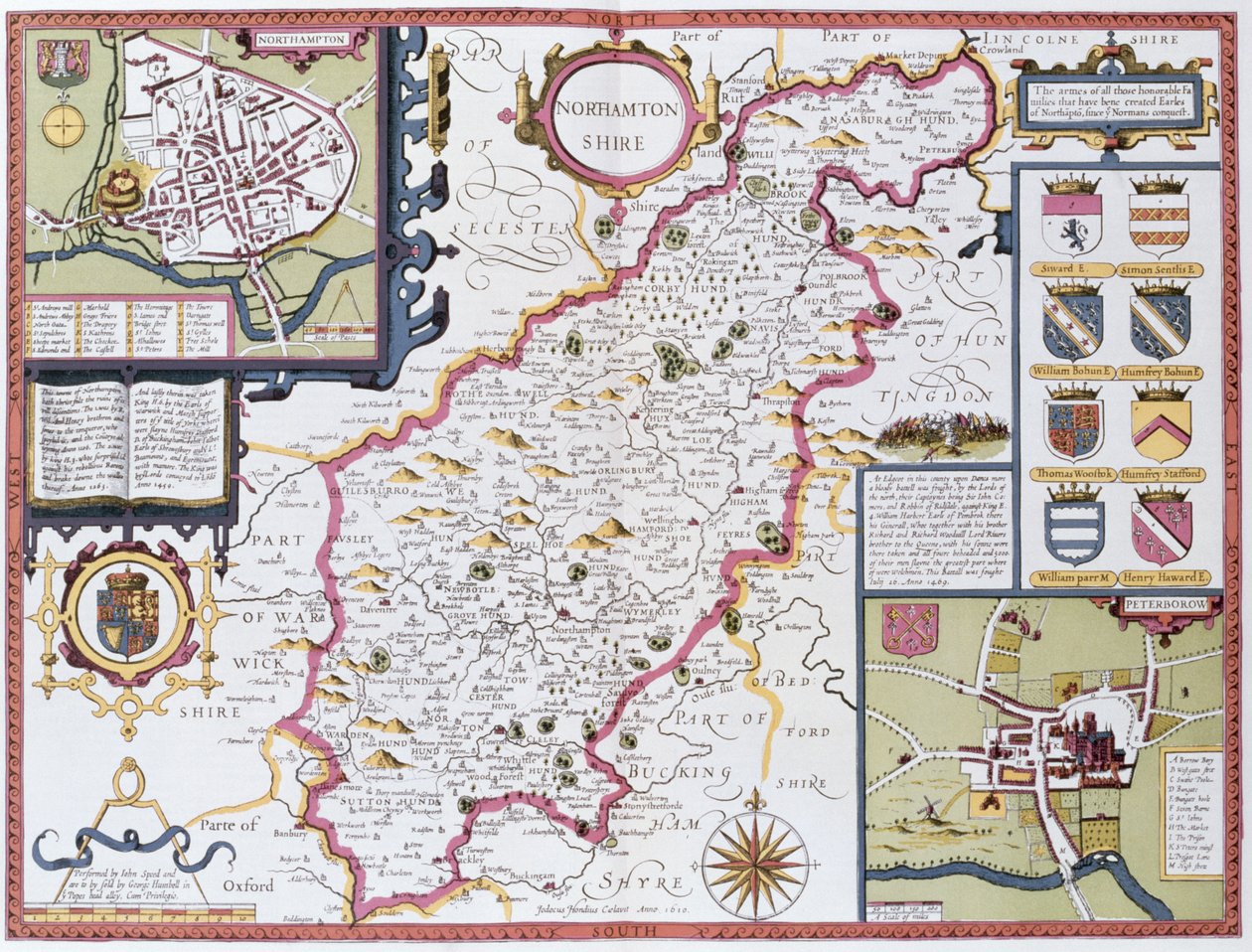 Northamtonshire, gravado por Jodocus Hondius (1563-1612) de John Speed &39;Teatro do Império da Grã-Bretanha&39;, pub. por John Sudbury e George Humble, 1611-12 (gravura em cobre colorida à mão) de John Speed