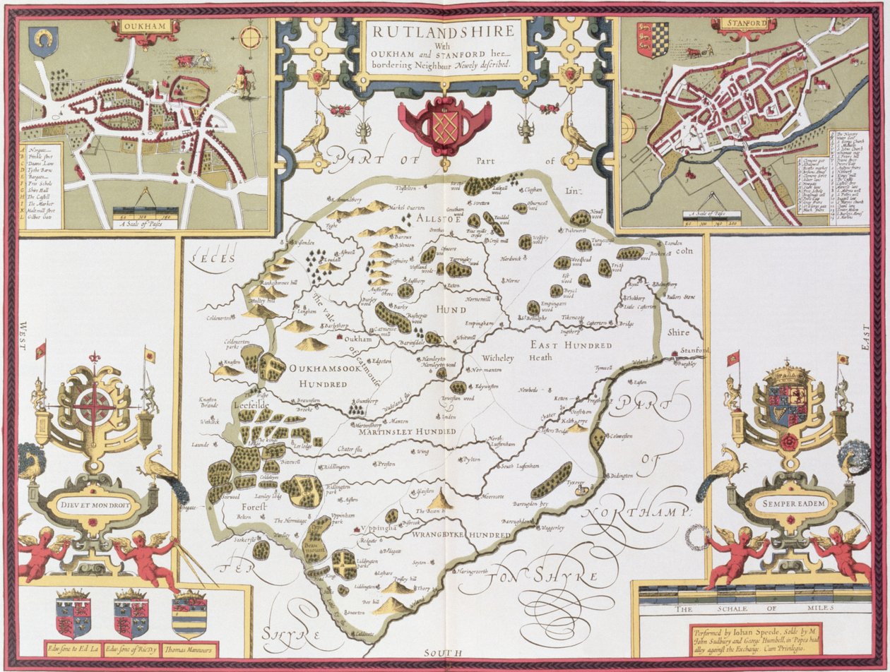Rutlandshire com Oukham e Stanford, gravado por Jodocus Hondius (1563-1612) de John Speed &39;Teatro do Império da Grã-Bretanha&39;, pub. por John Sudbury e George Humble, 1611-12 (coloure mão de John Speed