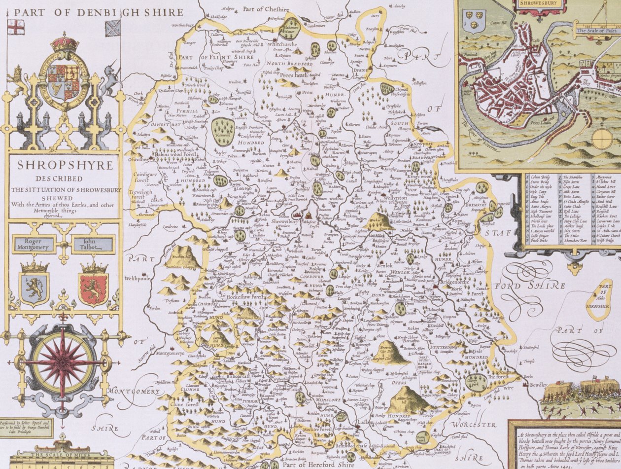 Shropshyre, gravado por Jodocus Hondius (1563-1612) de John Speed &39;Teatro do Império da Grã-Bretanha&39;, pub. por John Sudbury e George Humble, 1611-12 (gravura em cobre colorida à mão) de John Speed