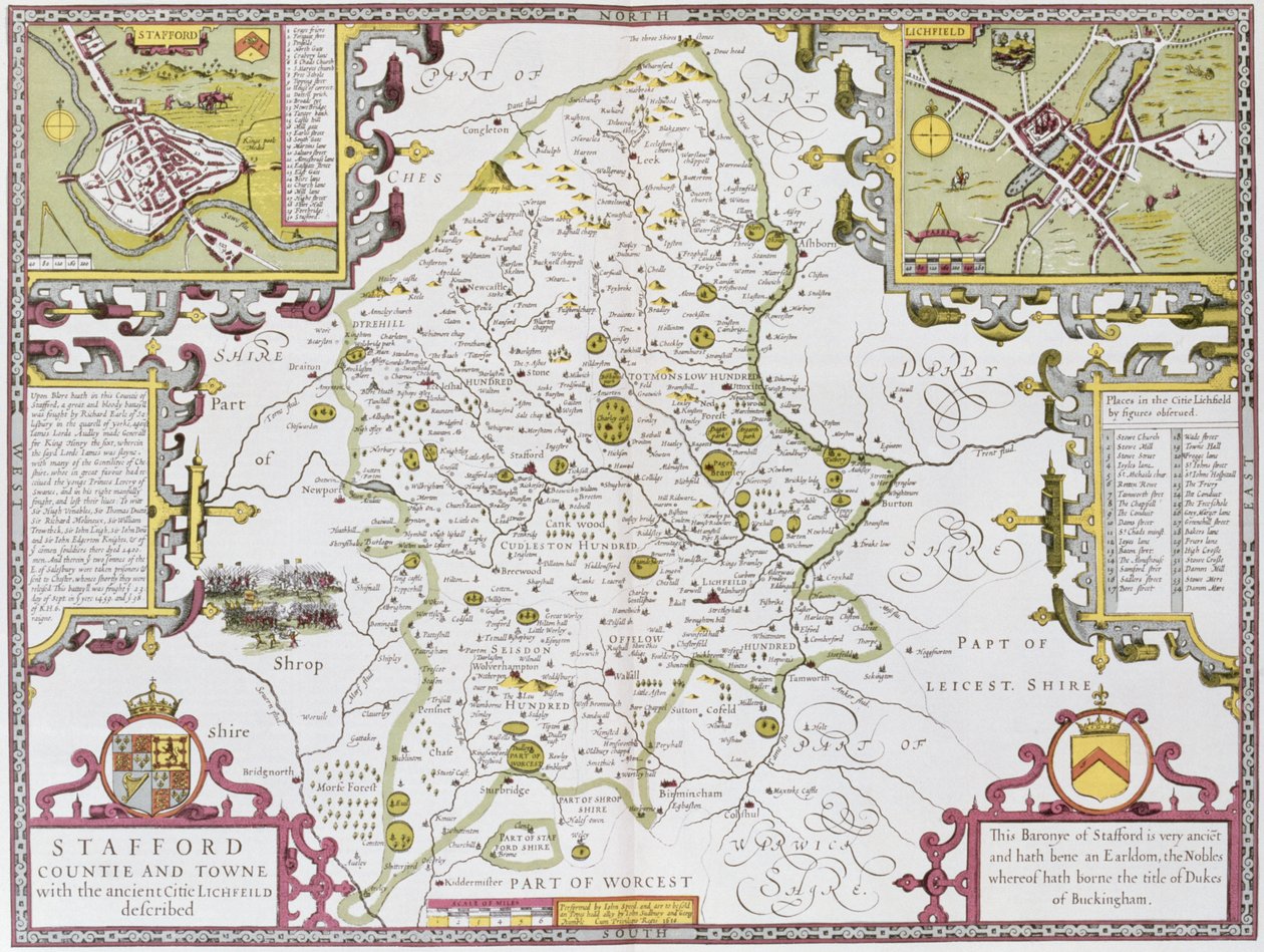 Condado e cidade de Stafford, gravados por Jodocus Hondius (1563-1612) do teatro do império de Grâ Bretanha de John Speed &39;, bar. por John Sudbury e George Humble, 1611-12 (cobre colorido mão engr de John Speed