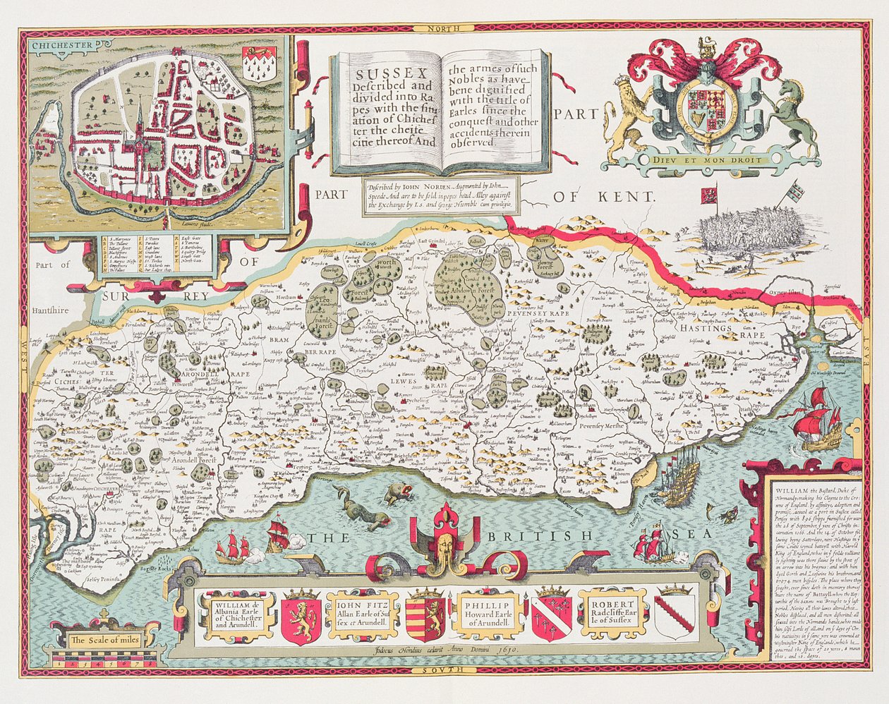Sussex, gravado por Jodocus Hondius (1563-1612) do teatro de John Speed do império de Grâ Bretanha, bar. por John Sudbury e George Humble, 1611-12 (gravura em cobre colorida à mão) de John Speed