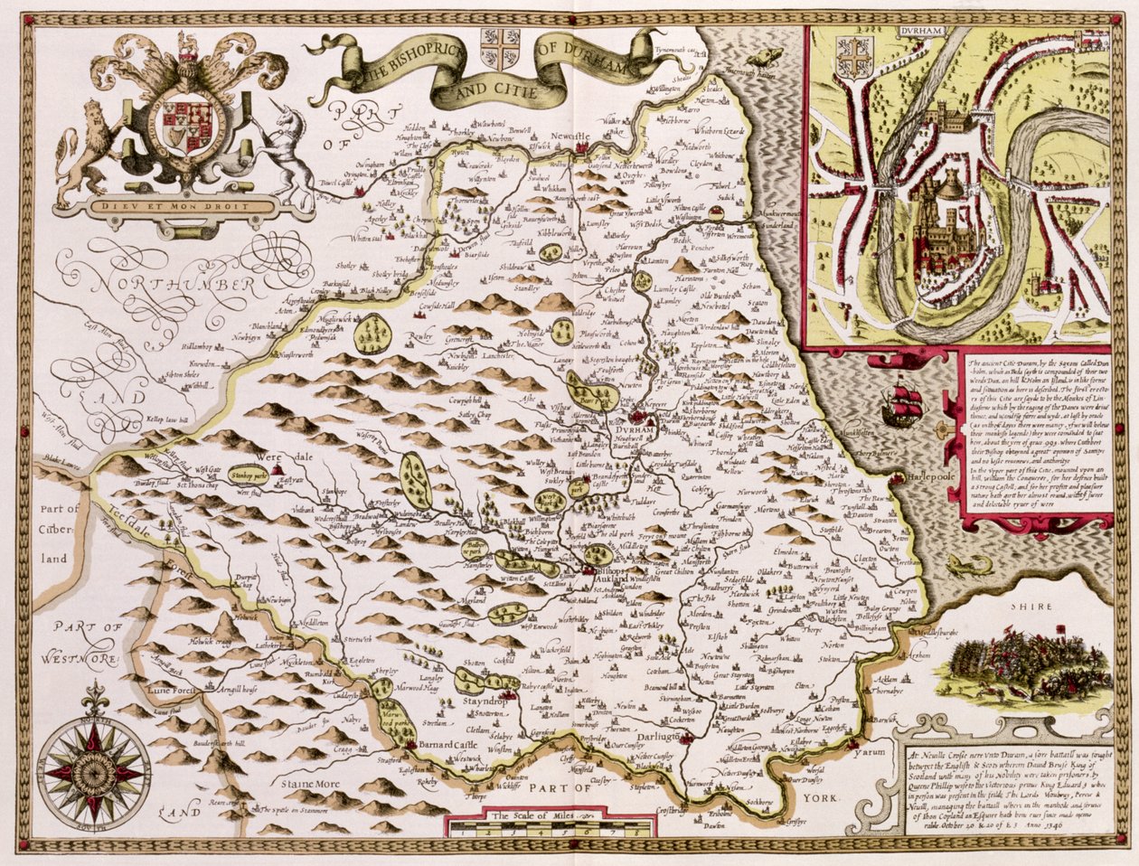 O Bishoprick e a cidade de Durham, gravados por Jodocus Hondius (1563-1612) de John Speed &39;Teatro do Império da Grã-Bretanha&39;, pub. por John Sudbury e George Humble, 1611-12 (co colorido à mão de John Speed