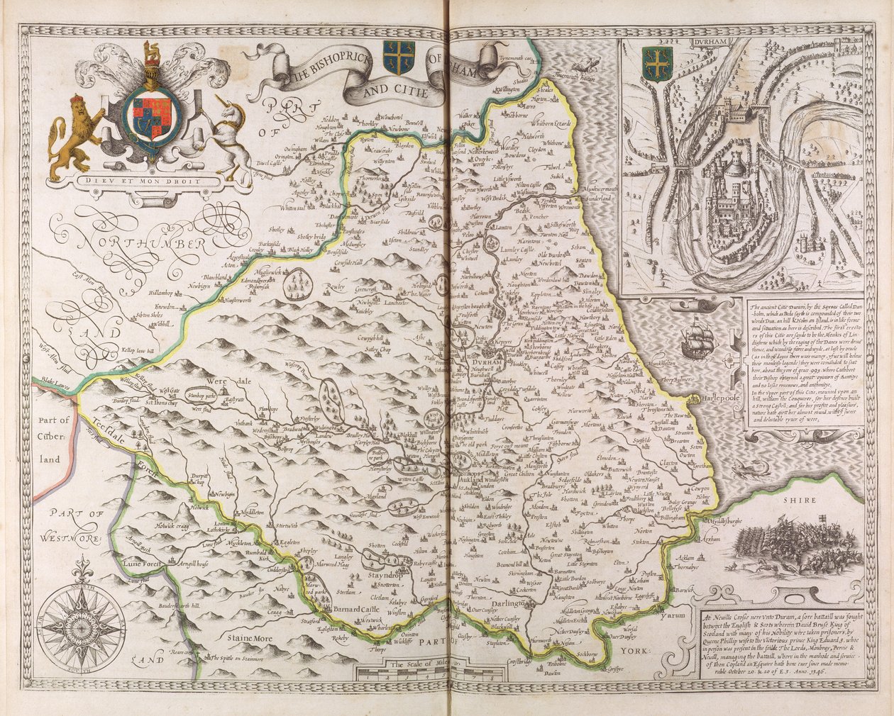 O Bispo e a Cidade de Durham, do "Teatro do Império de Britaine", 1611-12 de John Speed
