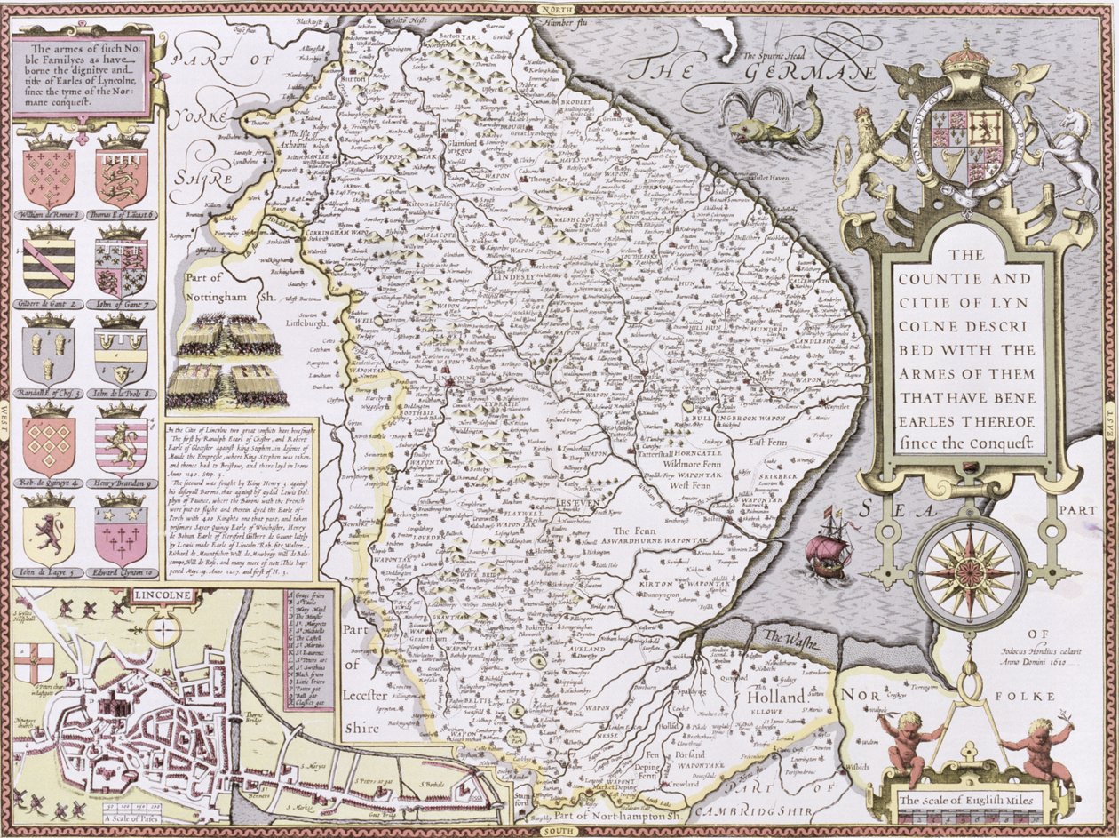 O condado e a Citie de Lyncolne, gravados por Jodocus Hondius (1563-1612) do teatro do Império de Grâ Bretanha de John Speed &39;, bar. por John Sudbury e George Humble, 1611-12 (co colorido à mão de John Speed