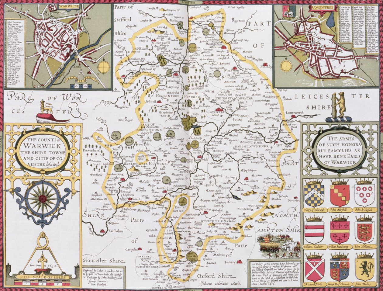 O condado de Warwick, a cidade do condado e a cidade de Coventry, gravada por Jodocus Hondius (1563-1612) do teatro do império de Grâ Bretanha de John Speed &39;, bar. por John Sudbury e George Humb de John Speed