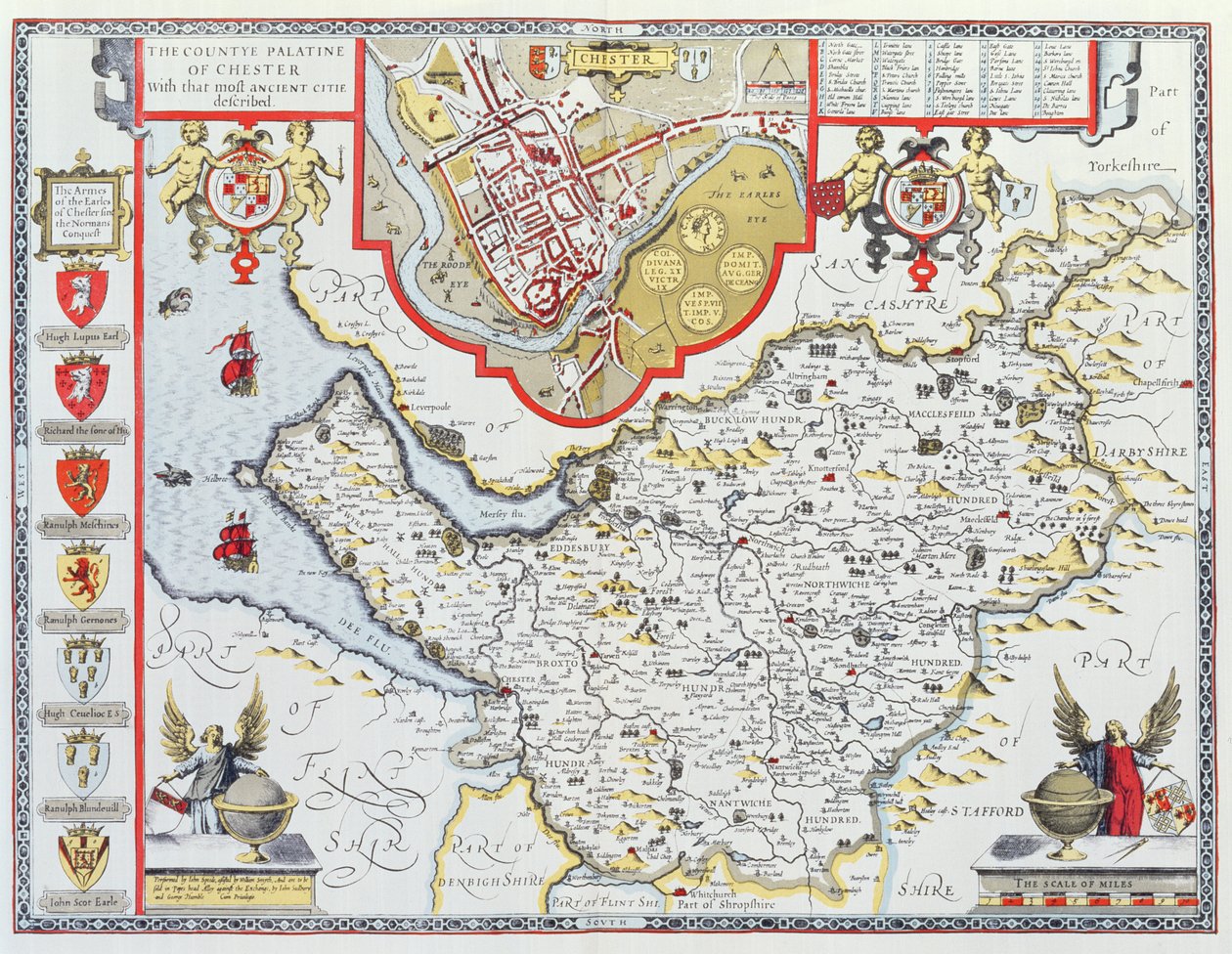 O Countye Palatine de Chester, gravado por Jodocus Hondius (1563-1612) de John Speed &39;Teatro do Império da Grã-Bretanha&39;, pub. por John Sudbury e George Humble, 1611-12 (copp colorido à mão de John Speed