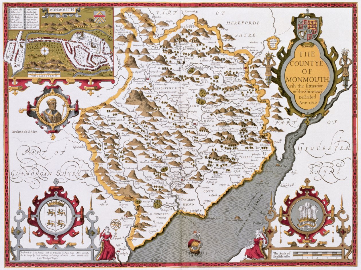 O condado de Monmouth, gravado por Jodocus Hondius (1563-1612) de John Speed &39;Teatro do Império da Grã-Bretanha&39;, pub. por John Sudbury e George Humble, 1611-12 (engra de cobre colorido à mão de John Speed