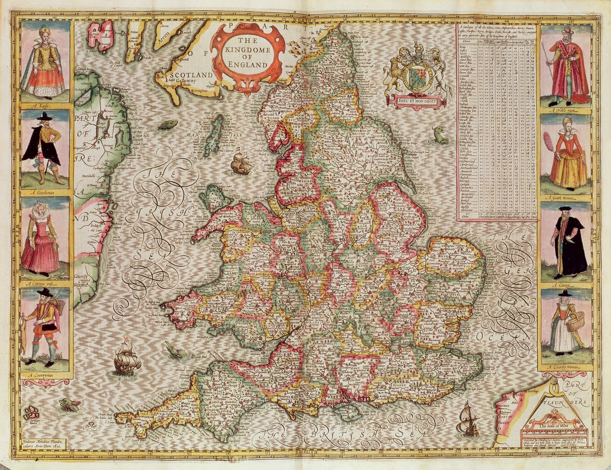 O Kingdome da Inglaterra, gravado por Jodocus Hondius (1563-1612) do Teatro do Império da Grã-Bretanha, de John Speed, pub. por John Sudbury e George Humble, 1611-12 (engra de cobre colorido à mão de John Speed