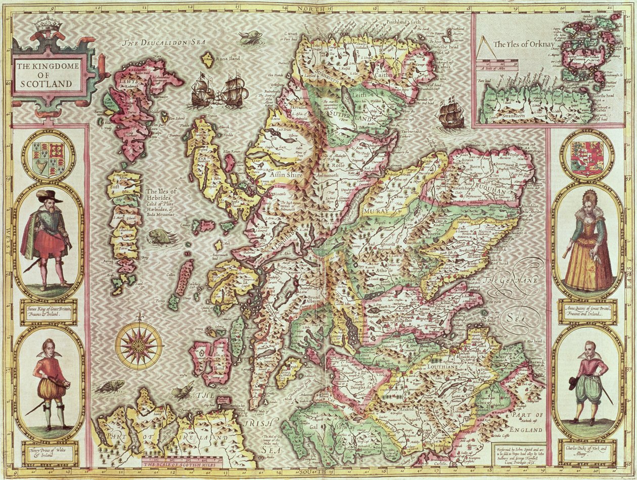 O Kingdome da Escócia, gravado por Jodocus Hondius (1563-1612) de &39;Teatro do Império da Grã-Bretanha&39;, pub. por John Sudbury e George Humble, 1611-12 (gravura em cobre colorida à mão) de John Speed
