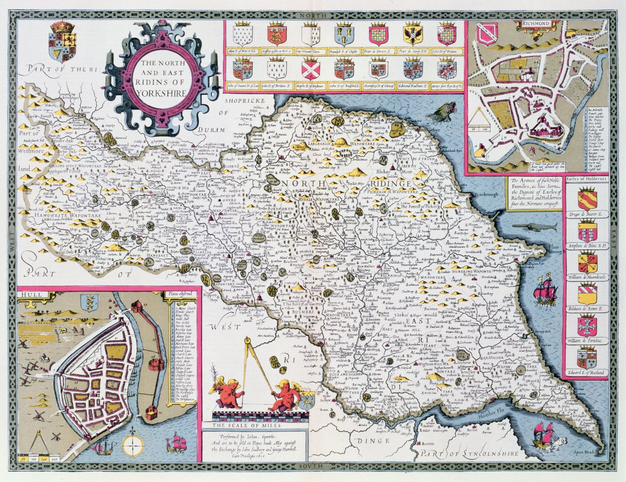 O norte eo leste Ridings de Yorkshire, gravados por Jodocus Hondius (1563-1612) de John Speed &39;Teatro do Império da Grã-Bretanha&39;, pub. por John Sudbury e George Humble, 1611-12 (mão colou de John Speed