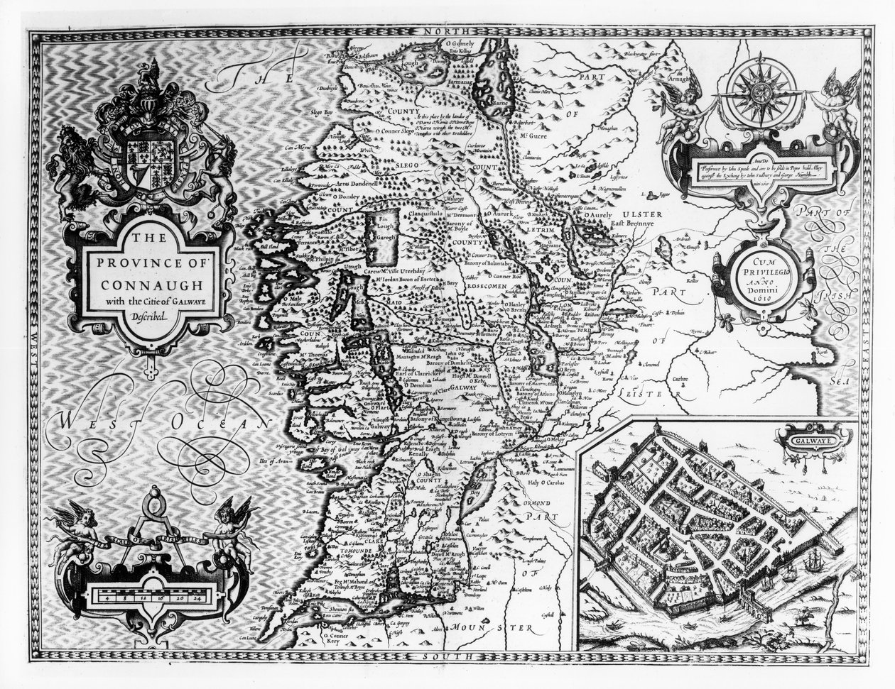 A província de Connaught com a cidade de Galway Descrita, gravada por Jodocus Hondius (1563-1612), de &39;Teatro do Império da Grã-Bretanha&39;, pub. por John Sudbury e George Humble, 1611-12 (pt de John Speed