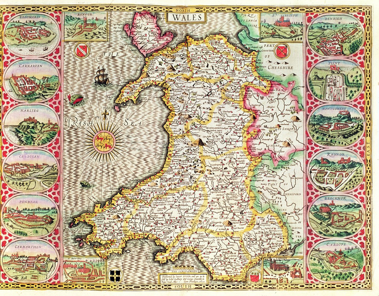 País de Gales, gravado por Jodocus Hondius (1563-1612) do Teatro do Império da Grã-Bretanha, de John Speed, publicado por John Sudbury e George Humble, 1611-12 (gravura em cobre colorida à mão) de John Speed