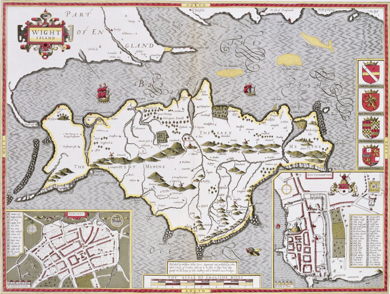 Ilha de Wight, gravada por Jodocus Hondius (1563-1612) do teatro do império de Grâ Bretanha de John Speed &39;, bar. por John Sudbury e George Humble, 1611-12 (gravura em cobre colorida à mão) de John Speed