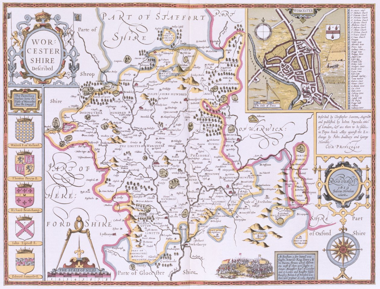 Worchestershire, gravado por Jodocus Hondius (1563-1612) do "teatro do império de Grâ Bretanha" de John Speed, bar. por John Sudbury e George Humble 1611-12 (gravura em cobre colorida à mão) de John Speed