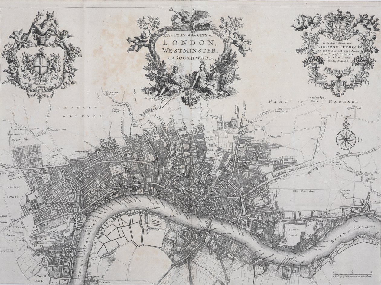 Um novo plano da cidade de Londres, Westminster e Southwark, em "Uma pesquisa sobre as cidades de Londres e Westminster", impresso por A. Churchill, J. Knapton, R. Knaplock, e outros, 1720 de John Stow