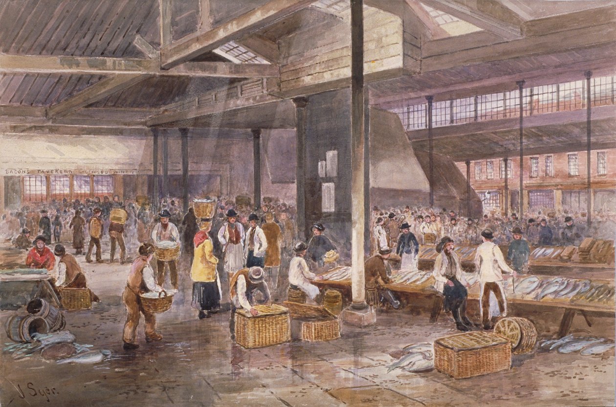 Vista interior do mercado de peixe do Billingsgate, c.1849 de John Syer