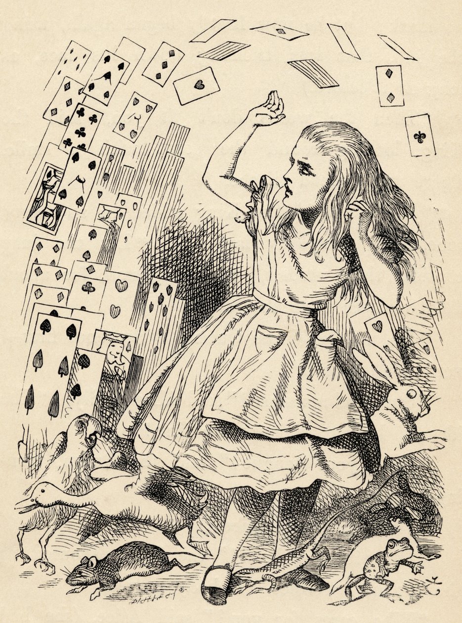 Alice e o baralho de cartas, de "Alice no País das Maravilhas", de Lewis Carroll, publicado em 1891 de John Tenniel