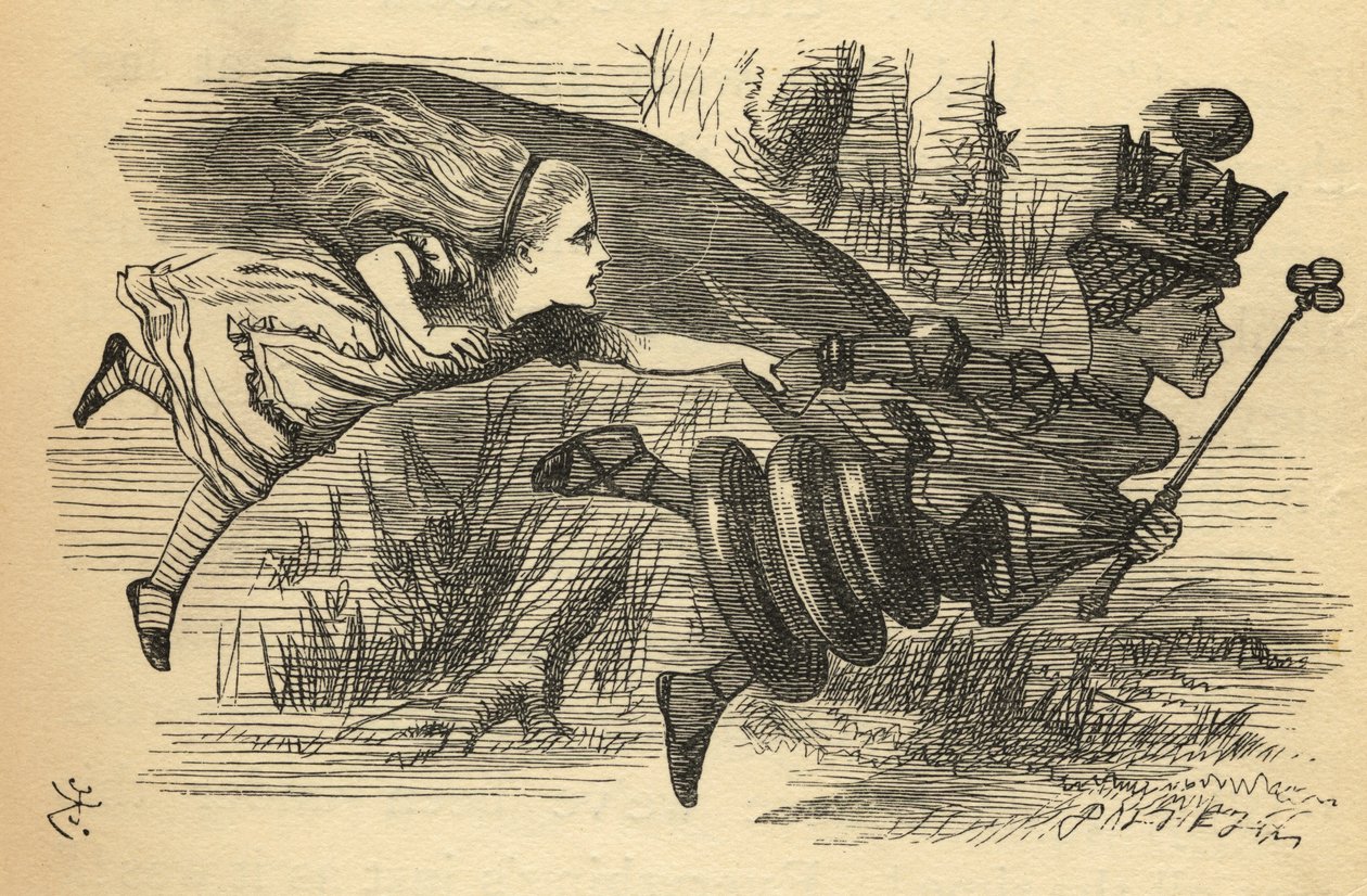 Alice e a Rainha Vermelha, ilustração de "Através do Espelho", de Lewis Carroll (1832-1898), publicada pela primeira vez em 1871 de John Tenniel