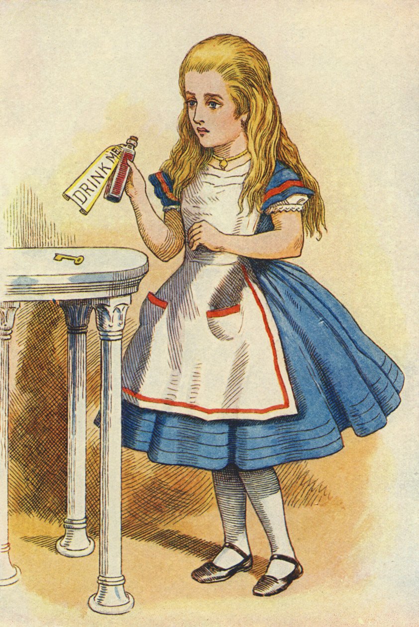 Alice descobre uma garrafa marcada "Drink Me" (gravura colorida) de John Tenniel