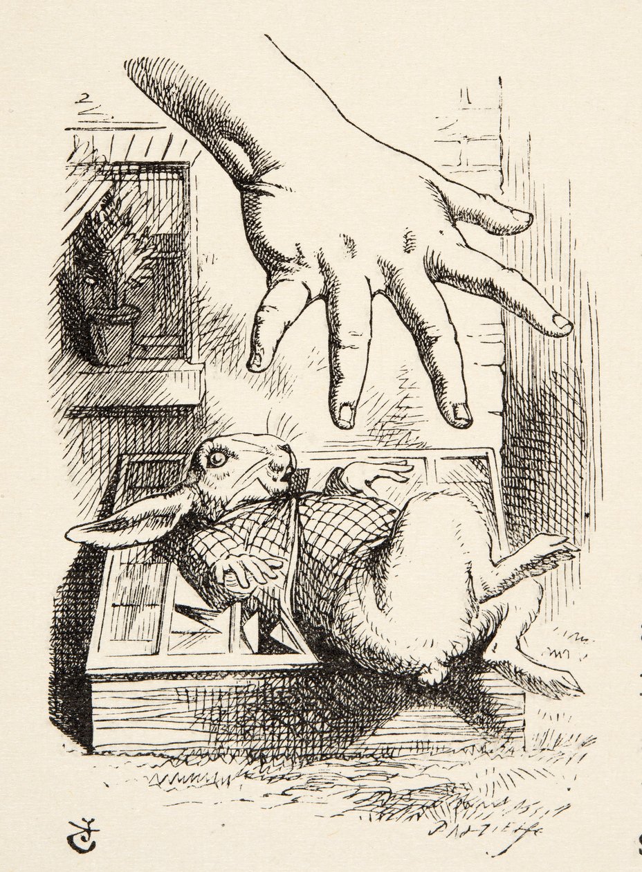 Alice derruba o coelho branco, de Alices Adventures in Wonderland por Lewis Carroll (1832 - 98), publicado em 1891 de John Tenniel