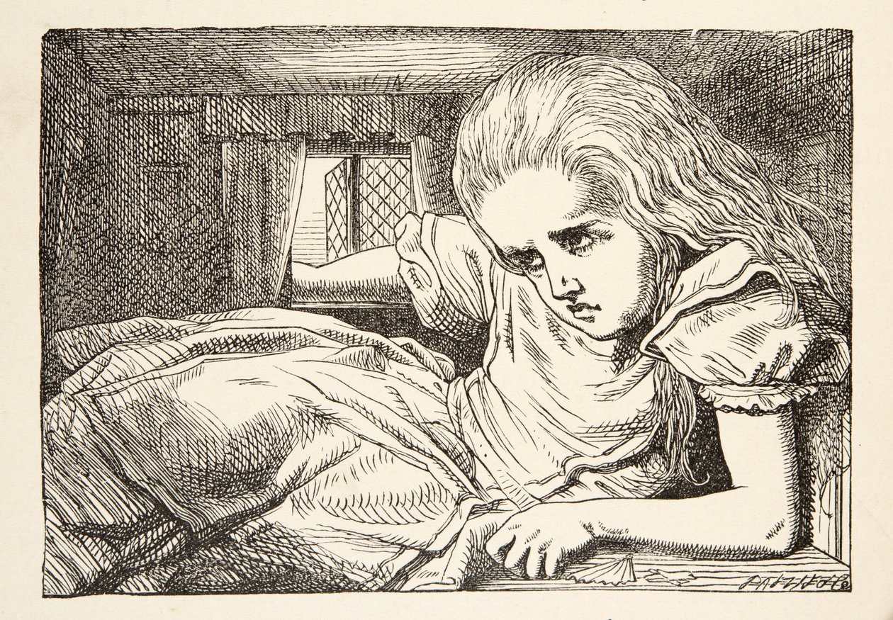 Alice cresce muito alto para o quarto, de Alices Adventures in Wonderland por Lewis Carroll (1832 - 98), pub. 1891 de John Tenniel